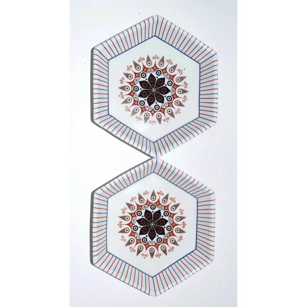 EUC Hexagonal Appetizer Plates 2pc 7.25in White Red Blue Good Mandala Boho